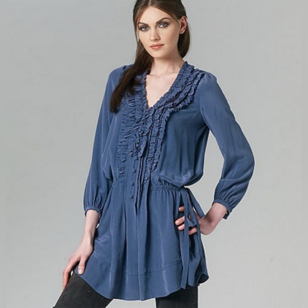 Rebecca Taylor Silk Ruffled Tunic 3/4 Sleeve Blue Size 4 Flirty Feminine Evening